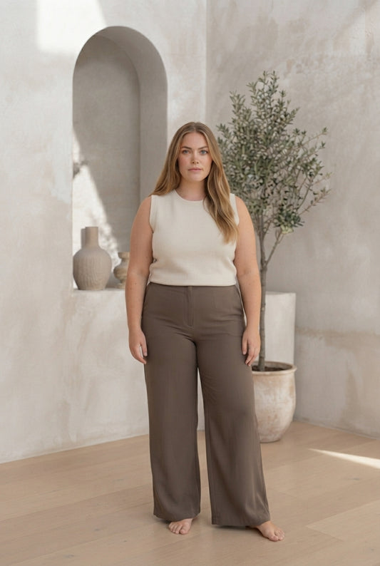 Pantalon large taille haute en lin